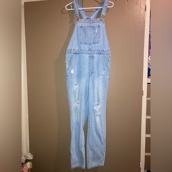 Distressed Girlfriend Denim Overalls size LARGE - Picture 2 of 7